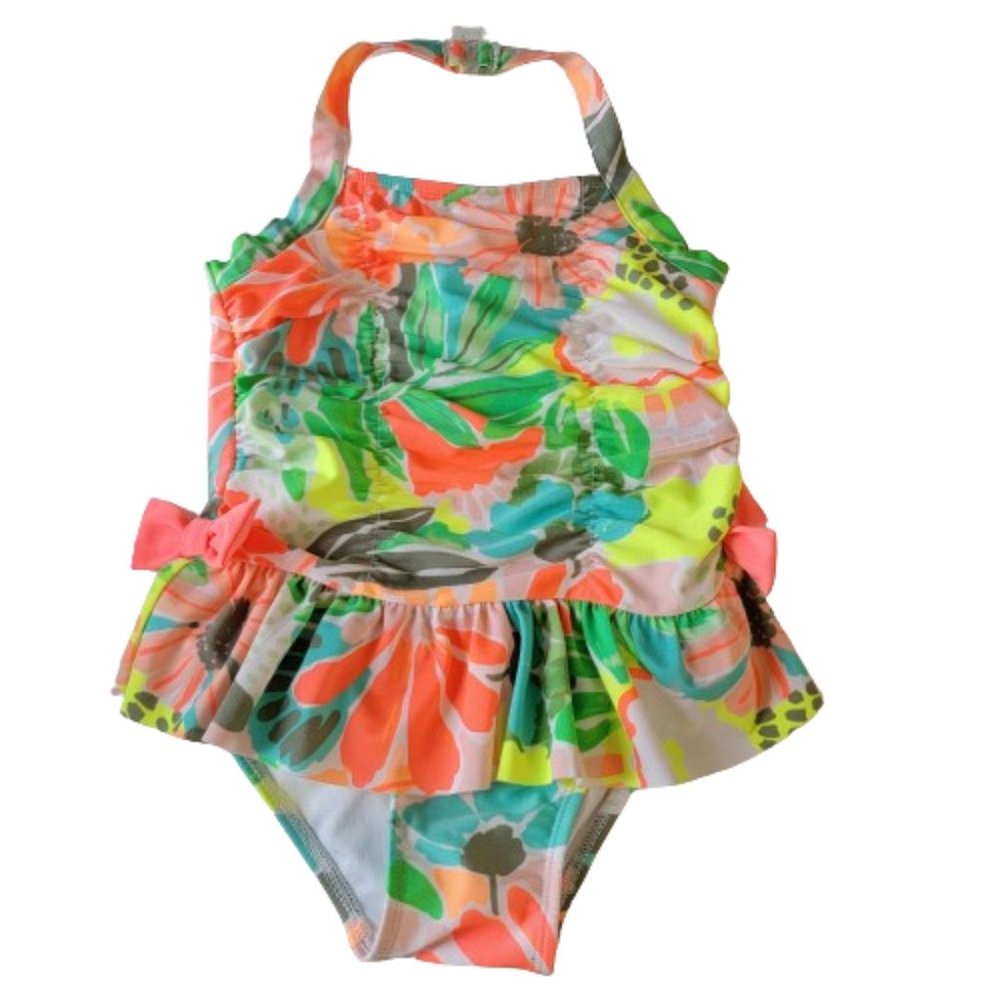 Cat & Jack Toddler 4T Swimsuit Ruched Floral Halter Skirted Neon Bow Detail